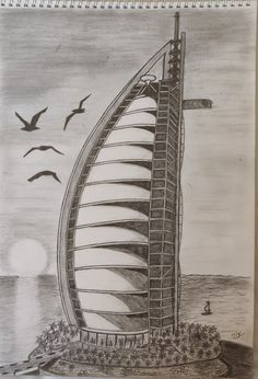 Sunset at Burj Al Arab, Dubai Building Art Drawing Sketches, Building Drawings Easy, Arab Drawing, Building Sketches Pencil, Easy Building Sketches, Dubai Drawing Easy, Building Pencil Drawing, Structural Drawing Building, Architecture Drawing Easy