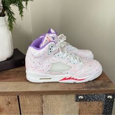 New Without Box Jordan 5 Easter’s Released In 2020. White Multi With Purple. Grade School Size 6 Which Fits A Women’s 7.5. Never Worn And Kept In Plastic Shoe Box. **Cross Posted** White Sneakers For Spring, White Custom Sneakers With Speckled Midsole, White Custom Sneakers With Laces For Spring, White Mid-top Custom Sneakers For Spring, Jordan 5 Easter, Plastic Shoe Boxes, Jordan 5 Retro, Plastic Shoes, Womens Jordans