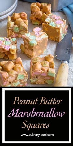 peanut butter marshmallow squares are cut into squares and placed on top of each other