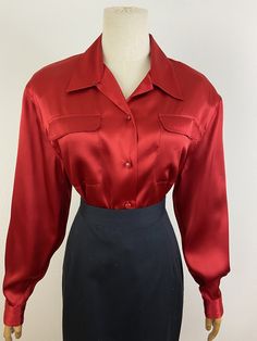 Beautiful and stunning condition. Soft pocket. Shining red color. 36" to 42" chest 18" shoulder to shoulder (oversize style) 28" length Classic Red Blouse For Fall, Vintage Red Long Sleeve Blouse, Red Collared Party Blouse, Classic Red Tops For Party, Classic Red Top For Party, Classic Red Party Tops, Classic Red Party Top, Vintage Red Top For Formal Occasions, Red Vintage Formal Top