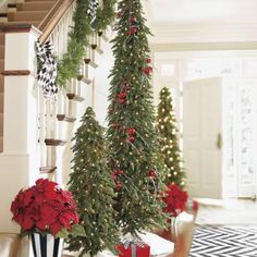 christmas decorations on the banisters and stairs with poinsettias in vases