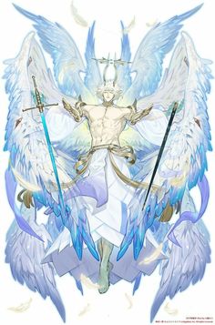 an angel with two swords standing in front of some blue and white wings on his body