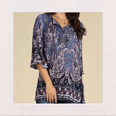 A Relaxing Tunic That Features Printed Geometric And Paisley Designs With Accents That Are Embroidered. 100% Rayon. Size Medium, But Runs A Bit Small. Better Sized As A Small. Brand New With Tags Make An Offer Or Bundle And Save By Adding Two Or More Items To A Bundle And Get At Least 15% Off! Blue Paisley Print Casual Blouse, Blue Bohemian Blouse With Paisley Print, Blue Bohemian Tops With Paisley Print, Bohemian Blue Tops With Paisley Print, Blue Paisley Print Bohemian Tops, Bohemian Blue Paisley Print Tops, Blue Boho Print Short Sleeve Tops, Paisley Design, Paisley