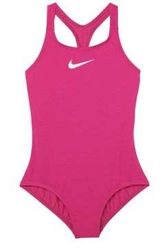 a women's pink swimsuit with a white nike logo on the front and back