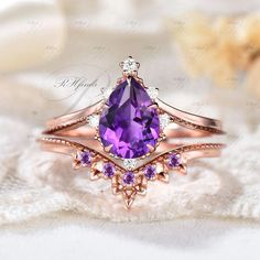 Amethyst Wedding Ring, Solid Rose Gold Ring, Anniversary Gift For Her, Birthday Gift, Elegant Ring Product Detail Main Ring Material: 10k/14k/18k Solid Rose/White/Yellow Gold Center Stone: 6x8mm Pear Cut Natural Amethyst Side Stones: Round Cut Moissanites Wedding Band Material: 10k/14k/18k Solid Rose/White/Yellow Gold Gemstones: Round Cut Natural Amethyst Custom Service 1, Gemstones can be replaced with others. 2, All metal can be made. 3, All ring size can be customized. 4, Engraving word servi Fine Jewelry Amethyst Wedding Ring With Round Cut, Fine Jewelry Diamond Amethyst Ring For Weddings, Fine Jewelry Amethyst Ring With Prong Setting For Wedding, Amethyst Diamond Ring With Prong Setting For Wedding, Fine Amethyst Wedding Ring Round Cut, Amethyst Wedding Ring With Brilliant Round Cut, Amethyst Diamond Ring With Center Stone For Wedding, Fine Jewelry Amethyst Ring For Wedding, Purple Amethyst Diamond Ring For Wedding