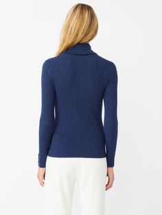 Sleek ribbed turtlenecks have graced many a style icon. Here's your chance to own an update of the classic, in finely ribbed stretch cotton modal with a little something extra: a three-button cuff. Wear it alone, as a layer and make sure to buy in multiples. | J.McLaughlin Women's Arlette Turtleneck Top Navy, Size Large | Cotton/Spandex Elegant Fitted Turtleneck With Ribbed Neckline, Elegant Stretch Turtleneck With Ribbed Collar, Elegant Fitted Turtleneck With Ribbed Cuffs, Elegant Fall Turtleneck With Ribbed Neckline, Classic Ribbed Turtleneck For Workwear, J Mclaughlin, Turtleneck Top, Ribbed Turtleneck, Women's Sweaters