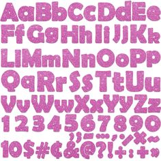 pink glitter alphabet letters and numbers on a white background with clippings for text