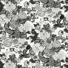 black and white floral wallpaper with birds, flowers, and leaves on the side