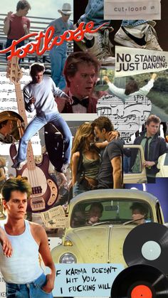 collage of various images including an old car, man with guitar and woman in white tank top