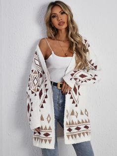 Multicolor Casual Collar Long Sleeve Fabric Geometric  Embellished Slight Stretch Spring/Fall Women Clothing Southwest Womens Fashion, Native American Sweaters Cardigans, Printed Cardigan Outfit, Bohemian Western Outfits, Country Style Clothes, Modern Bohemian Outfits, Boho Chic Outfits Fall, Bohemian Winter Outfits, Bohemian Outfit Ideas