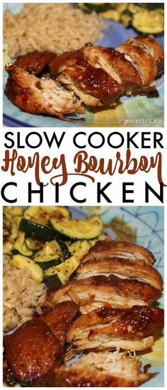 the slow cooker honey bourbon chicken is ready to be served with rice and zucchini