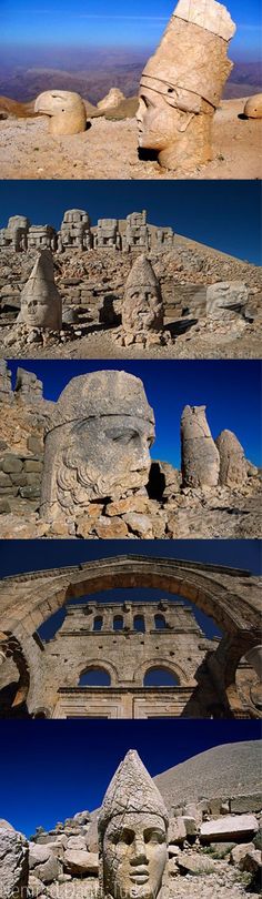 four different views of an ancient building in the middle of some rocks and sand with blue skies above it