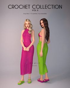 two women in bright colored dresses standing next to each other on a gray background with the caption crochet collection vol 1