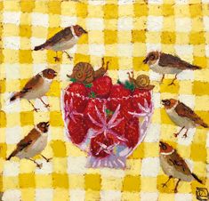 a painting of birds and strawberries on a checkered tablecloth with yellow background