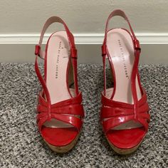 Very Gently Or Possibly Never Worn Marc Jacobs Red Patent Leather Wedge Heeled Shoes High Heel Wedge Sandals With Red Sole, Red Leather Wedge Sandals, Red Wedge Sandals With Platform And Round Toe, Red Platform Wedge Sandals With Round Toe, Red High Heel Synthetic Wedge Sandals, Red Wedge Heels With 4-inch Heel, Spring Wedge Heels With Red Sole, Spring Red-sole Wedge Heels, Red Sole Wedge Heels