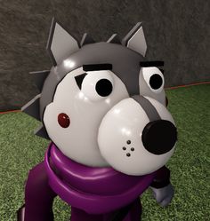 an animated dog with big eyes and purple scarf on it's head, standing in the grass