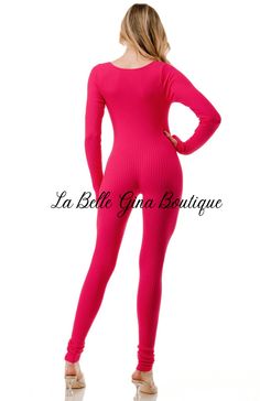 Experience effortless elegance with the Sara Long Sleeve Jumpsuit. Perfect for any occasion, this versatile piece offers style and comfort like never before. Elevate your wardrobe with this must-have item. Trendy Fitted Bodysuit For Loungewear, Pink Stretch Ribbed Bodysuit, Fitted Bodysuit For Spring Loungewear, Fitted Spring Bodysuit For Loungewear, Pink Fitted Bodysuit For Loungewear, Fitted Solid Color Unitard For Loungewear, Fitted Jumpsuits And Rompers For Fall Loungewear, Casual Pink Bodysuit For Fall, Casual Fitted Ribbed Jumpsuits And Rompers