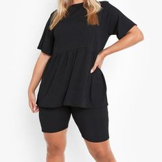 Nwt-Two Piece Smock Top And Biker Short Set. Short Inseam 12 Inches, Smock Arm Pit To Arm Pit 24 Inches Short Workout Tops With Elastic Waistband, Athleisure Top With Elastic Waistband And Short Sleeves, Black Relaxed Fit Short Top, Short Length Stretch Top With Elastic Waistband, Black Short Length Tops For Loungewear, White Biker Shorts, Light Pink Shorts, Bicycle Shorts, Black Biker Shorts