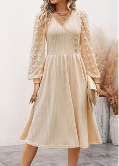 Color:Beige;Size:M;Size:L;Size:XL;Size:XXL;Package Contents:1 X Dress;Occasion:Other;Style:Casual; Modest Casual Dresses, Modest Dresses For Church, Plain Dress Casual, Long Sleeve V Neck Dress, Boutique Style Outfits, Dress Occasion, Casual Day Dresses, Plain Dress, Church Dresses