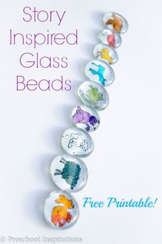 the story inspired glass bead is displayed in front of a white background with purple lettering