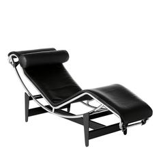 a black leather chaise lounge chair with chrome frame and footrests on an isolated white background