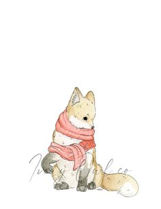 a drawing of a fox with a scarf around it's neck sitting on the ground