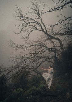 a woman standing on top of a hill next to a tree