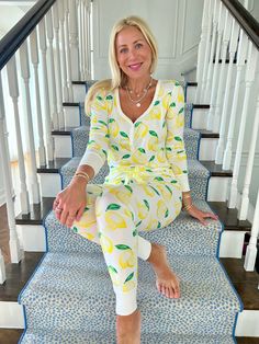 Lemon Zest Pajama Set Cozy Spring Sleepwear For Pajama Party, Cozy Spring Sleepwear For Overnight, Cozy Sleepwear For Overnight In Spring, Cozy Spring Loungewear Sleepwear, Cozy Spring Sleepwear For Lounging, Cozy Sleepwear For Spring Lounging, Cozy Spring Lounging Sleepwear, Comfortable Fitted Sleepwear For Loungewear, Fitted Comfortable Sleepwear For Lounging