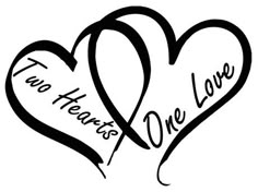 two hearts with the words love and one is in black ink on a white background