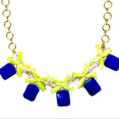 This Necklace Featured Butter Soft Yellow X’s And Cobalt Blue Faceted Stones.We Love The Surprising Contrast Of The Bold Blue Against The Pastel Yellow Stones W/ Clear Crystals Accents. It Makes For An Interesting And Oh-So-Stylish Mix Of Color. 18”-21” Adjustable Length Lobster Claw Closure Color-Saturated Acrylic Stones Crystals Gold Plated Blue Necklace For Summer Parties, Yellow Costume, Soft Yellow, Yellow Stone, Clear Crystals, Pastel Yellow, Clear Crystal, Cobalt Blue, Lobster Claw