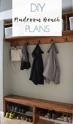 a coat rack with coats and shoes hanging on it, next to a bench that has the words diy mudroom bench plans