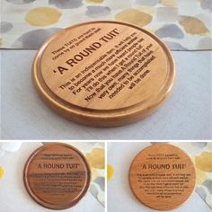 three different pictures of wooden coasters with instructions on them, one is round and the other is round