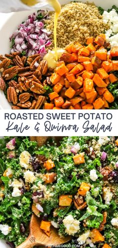 roasted sweet potato salad with kale and quinoa salad dressing in a bowl