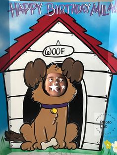 a happy birthday card with a dog in a dog house