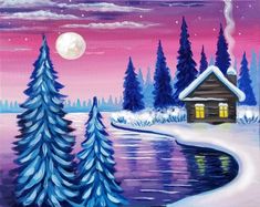 an acrylic painting of a cabin by the lake at night with snow and trees