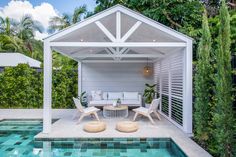 an outdoor living area next to a swimming pool