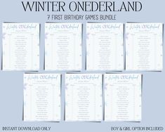 winter onederland birthday games bundle with snowflakes on the front and back