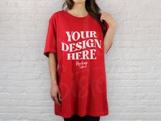 Red Oversized Short Sleeve T-shirt, Oversized Red Screen Print T-shirt, Oversized Red T-shirt With Screen Print, Red Short Sleeve T-shirt With Branding, Red Casual Shirt With Branding, Casual Red Shirt With Branding, Red Casual T-shirt With Custom Print, Casual Red T-shirt With Custom Print, Red Short Sleeve Tops With Branding