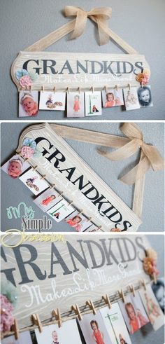 a wooden sign with pictures hanging from it's sides and the words grandkids on