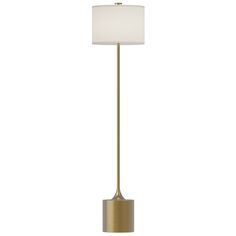 a floor lamp with a white shade on the base and a gold colored metal pole