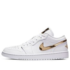 (WMNS) Air Jordan 1 Retro Low 'White Metallic Gold' CZ4776-100 Gold Sneakers With Metallic Logo For Streetwear, Classic Gold Sneakers For Streetwear, Gold Luxury Sneakers With Metallic Logo, Luxury Gold Sneakers With Metallic Logo, Krewe Sunglasses, Jordan 1 Low White, Wmns Air Jordan 1, Nike Air Jordan 1 Low, Womens Air Jordans