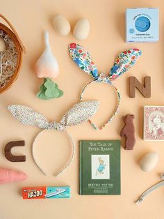 an assortment of easter items laid out on a table