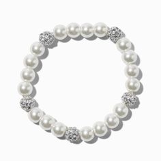 Claire's White Pearl & Fireball Stretch Bracelet Piercing Kit, White Bracelet, Word Bracelet, Mixed Metal Jewelry, Jewelry Words, White Bracelets, Fashionable Jewelry, Jewelry And Accessories, Beauty Bag