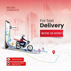 an advertisement for fast delivery with a man on a motorbike riding down the road