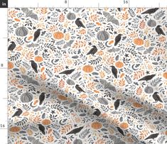 an orange and grey pattern with black birds, pumpkins and leaves on white background