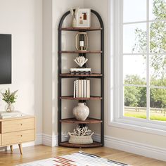 a corner shelf in the corner of a living room with a potted plant next to it