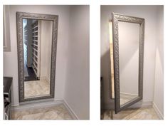 two pictures of a large mirror in the middle of a room with white walls and flooring