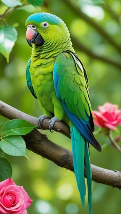 a green parrot sitting on top of a tree branch next to pink flowers and leaves