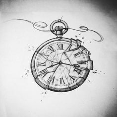 a pencil drawing of a pocket watch with arrows coming out of the front and side