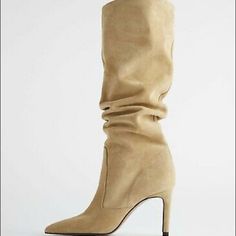 Brand New Zara Soft Split Suede High Heeled Boots In The Color Sand So Chic Nwt Elegant Cream Boots For Fall, Chic Beige Heeled Boots For Formal Occasions, Elegant Cream Heeled Boots For Fall, Elegant Brown Heeled Boots By Zara, Beige Pointed Toe Heeled Boots For Evening, Fitted Beige Suede Boots, Chic Beige Boots For Party, Chic Beige Party Boots, Elegant Cream Heeled Boots For Work